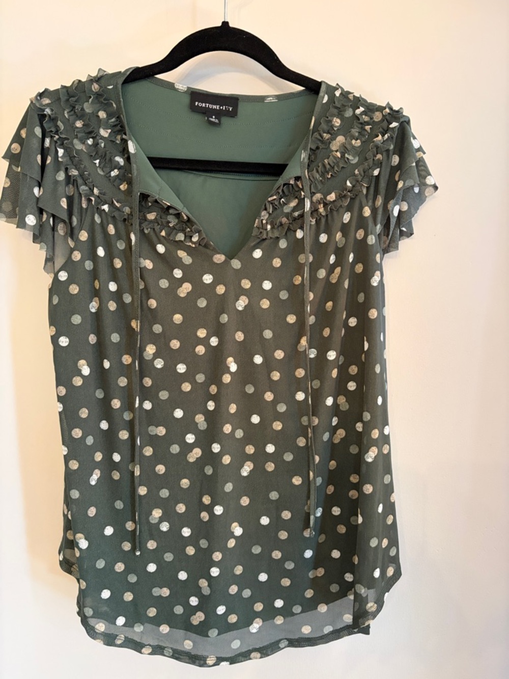 Fortune + Ivy Olive Green Polka Dot Ruffle Tie-Neck Blouse